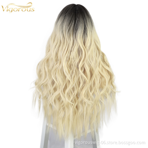 Vigorous Long Wave Hair Lace Wigs Front for Black Women Ombre Color Black To Blonde Synthetic Curly Hair Wig Middle Parting